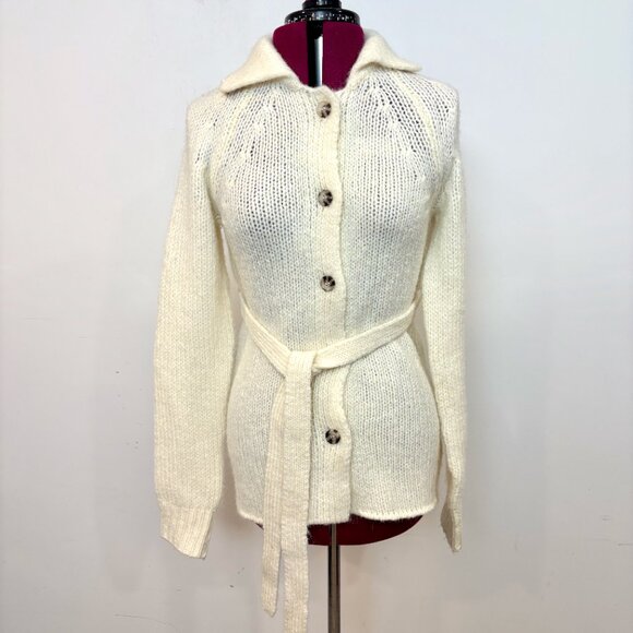 ZARA Ecru Lapel Collar Wool Blend Knit Belted Cardigan sz L - Picture 3 of 11